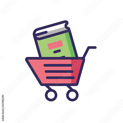 shopping cart with book icon, colorful line and fill style