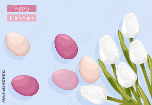 Easter eggs without decorations and white tulip flowers