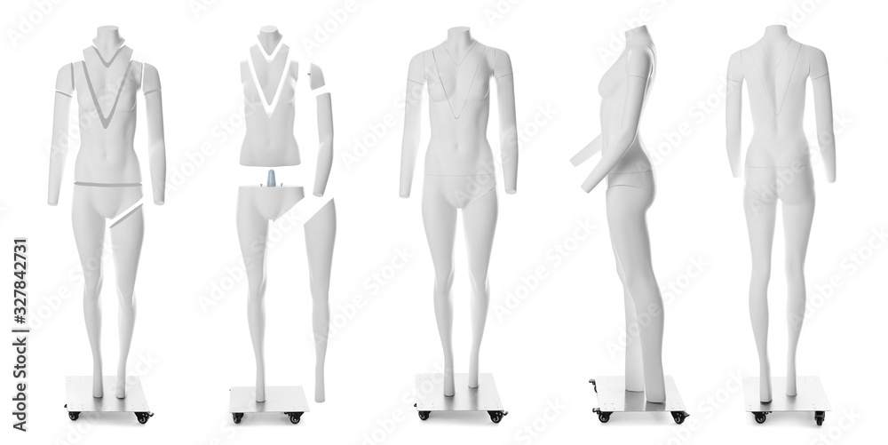 Set of ghost headless mannequins with removable pieces on white background Set of ghost headless mannequins with removable pieces on white background