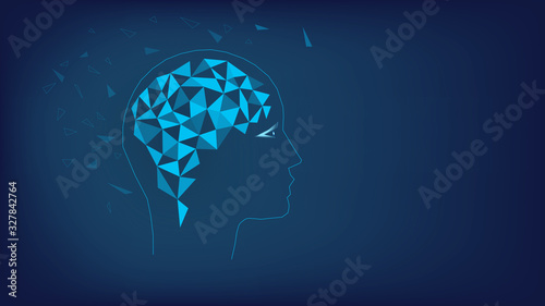 Polygonal brain. Silhouette of head. Concept illustration. Dark blue background. 