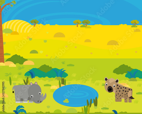 cartoon africa safari scene with cute wild animals by the pond illustration