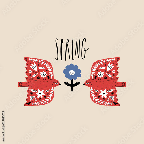 Spring lettering greeting card. Birds with folk nordic floral ornaments. Paper cut animals in flat modern scandinavian style. Hand drawn colored set. Hygge and lagom design concept. Vector EPS