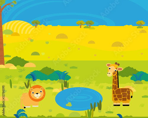 cartoon africa safari scene with cute wild animals by the pond illustration