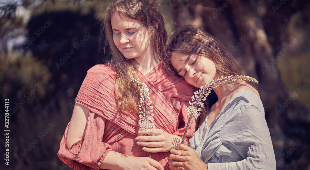 Fototapeta premium Two girls in beautiful dresses on a background of an old olive tree