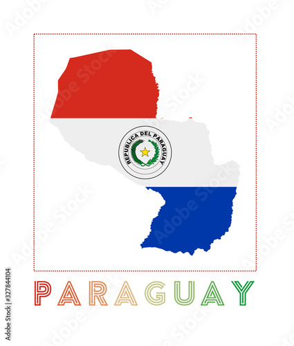 Paraguay Logo. Map of Paraguay with country name and flag. Powerful vector illustration.
