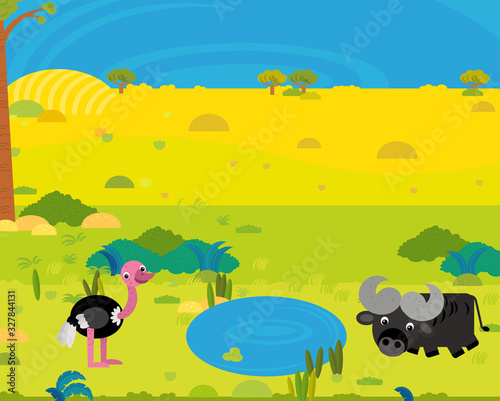 cartoon africa safari scene with cute wild animals by the pond illustration