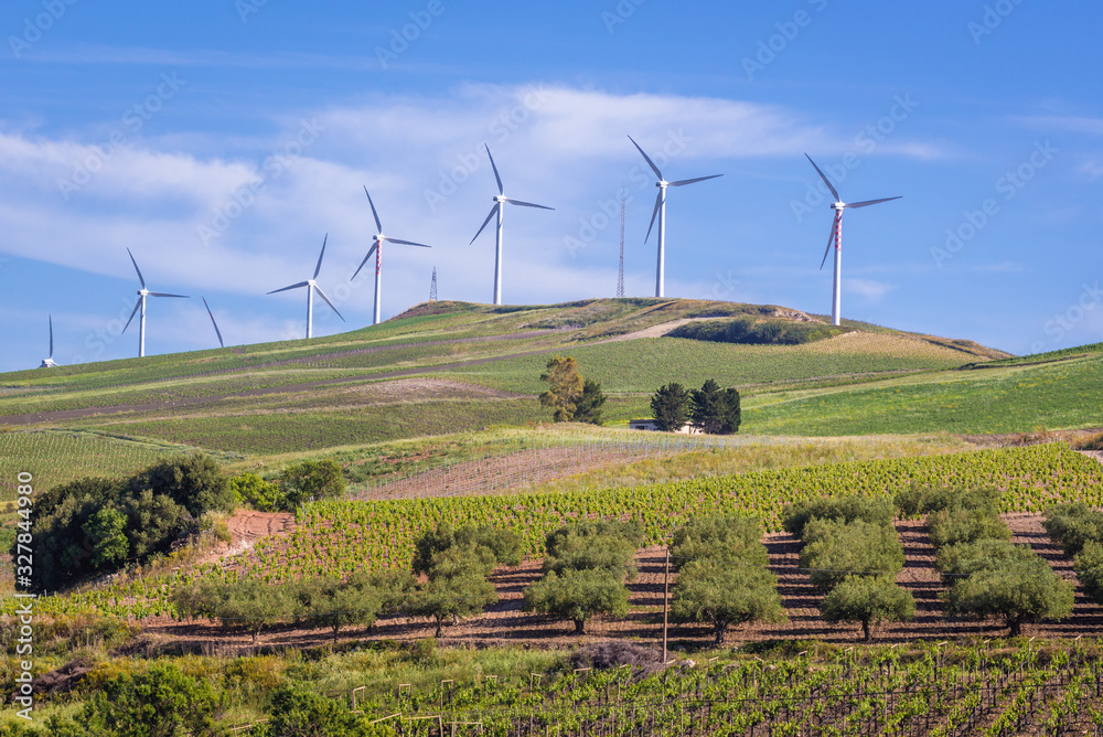Landscape with wind farm in Trapani Province of Sicily autonomous region in Italy