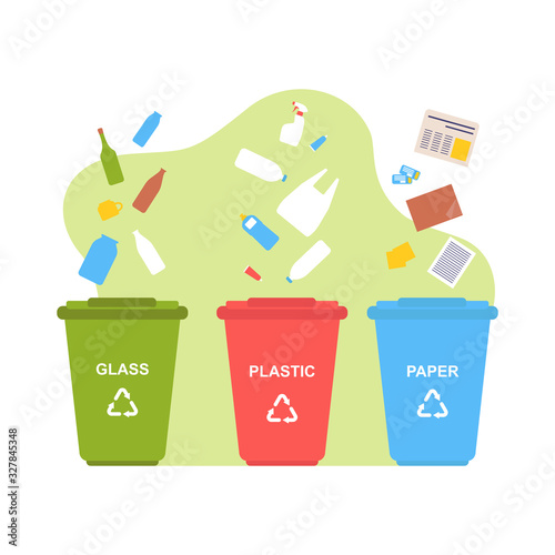Waste management and recycling concept. Different colored trash cans with paper, plastic and glass. Segregate waste, sorting garbage, waste management. Flat design modern vector illustration concept.
