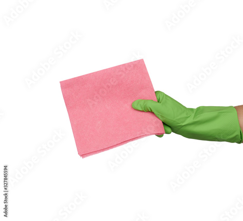 hand holds a pink rag sponge for cleaning