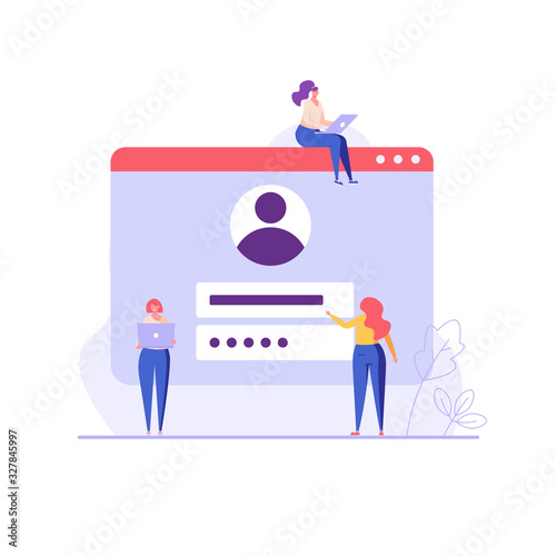 People register online. Registration or sign up UI. Users use secure login and password. Concept of online registration, sign up, user interface. Vector illustration for UI, mobile app