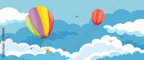 Abstract landscape with clouds. Vector illustration, festival of balloons in the sky