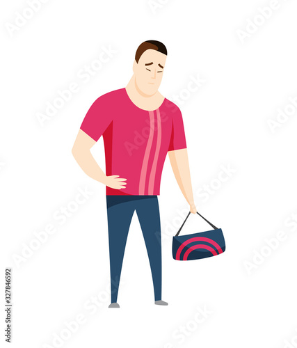 Man having stomachache symptoms of appendicitis with large, small intestine and appendix. Young man with bag clutched his stomach. Abdominal pain. Appendix disease, emergency case