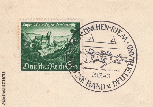 Reintegration of the territories of Malmedy. Postmark of Munich stadium Rome. Horse race 