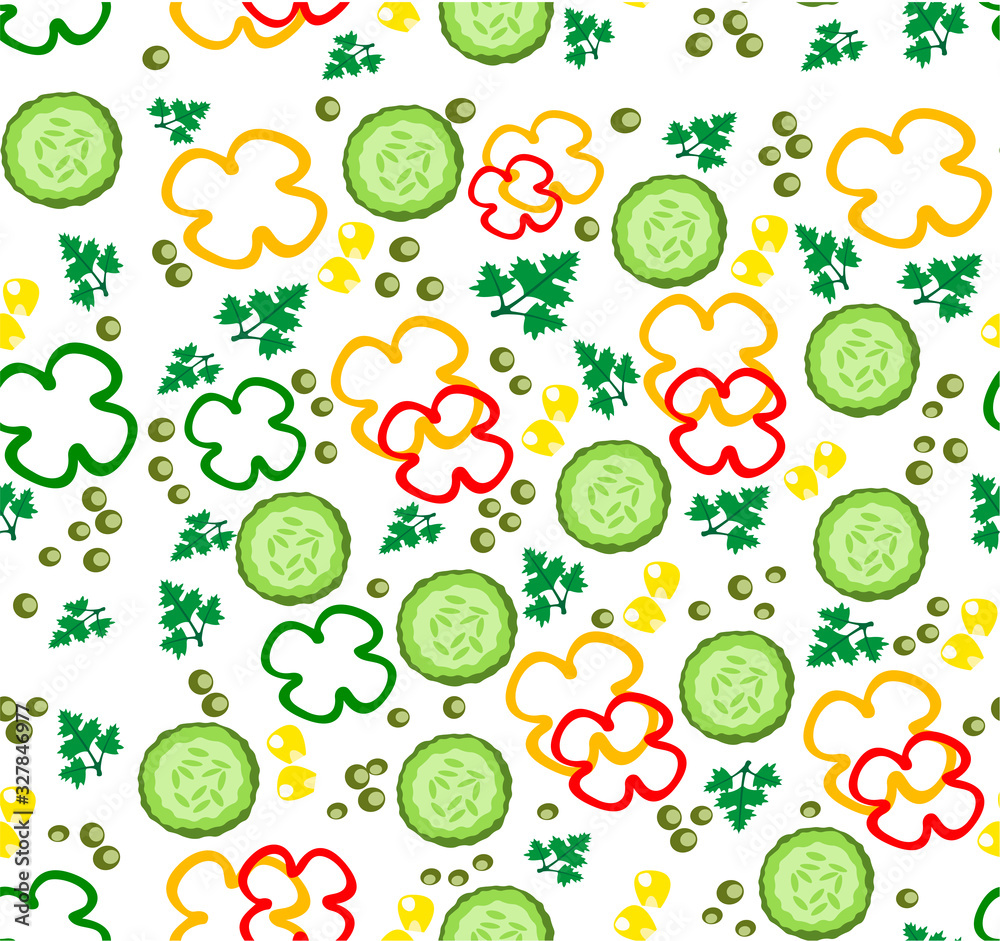 Vegetable pattern - vector illustration. Set of slice vegetables for salad. Juicy and ripe vegetables. Healthy food - vegetarian menu. Delicious greens, corn seeds and bell peppers. Slice cucumbers Vegetable pattern - vector illustration. Set of slice vegetables for salad. Juicy and ripe vegetables. Healthy food - vegetarian menu. Delicious greens, corn seeds and bell peppers. Slice cucumbers