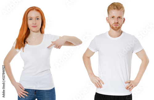 Teen woman and man in stylish white t shirt - front view copy space background