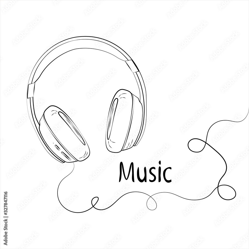 Figure headphones with cord and text music. With a white background . Vector