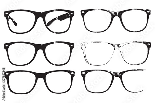 Eye glasses set, hipster style frames, black isolated on white background, vector illustration.