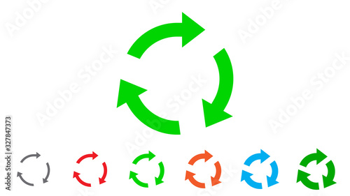 Three circle arrow icon set, rotation sign, recycle symbol, color isolated on white background, vector illustration.