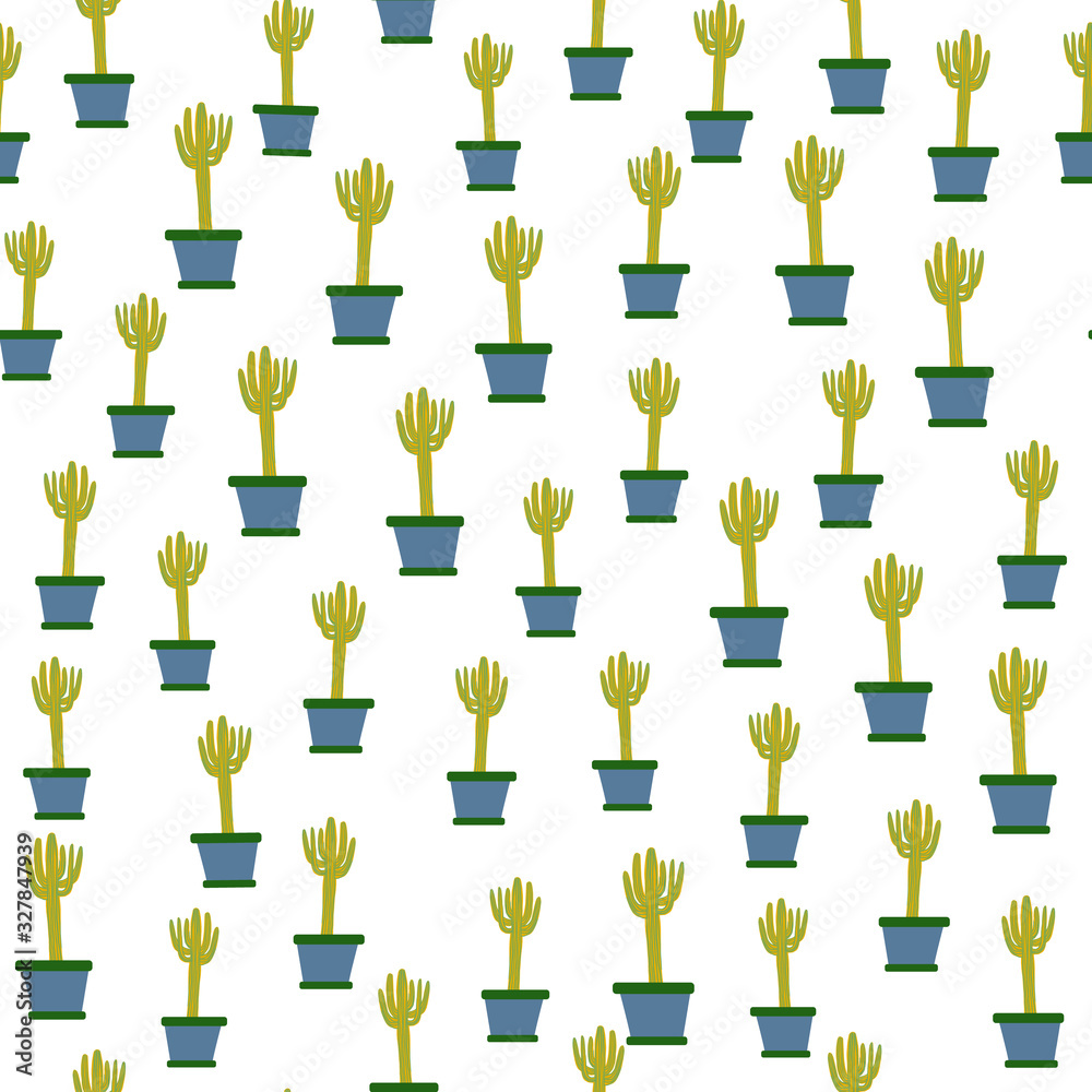 Cactus in pot seamless pattern in doodle style. Botanical exotic wallpaper.