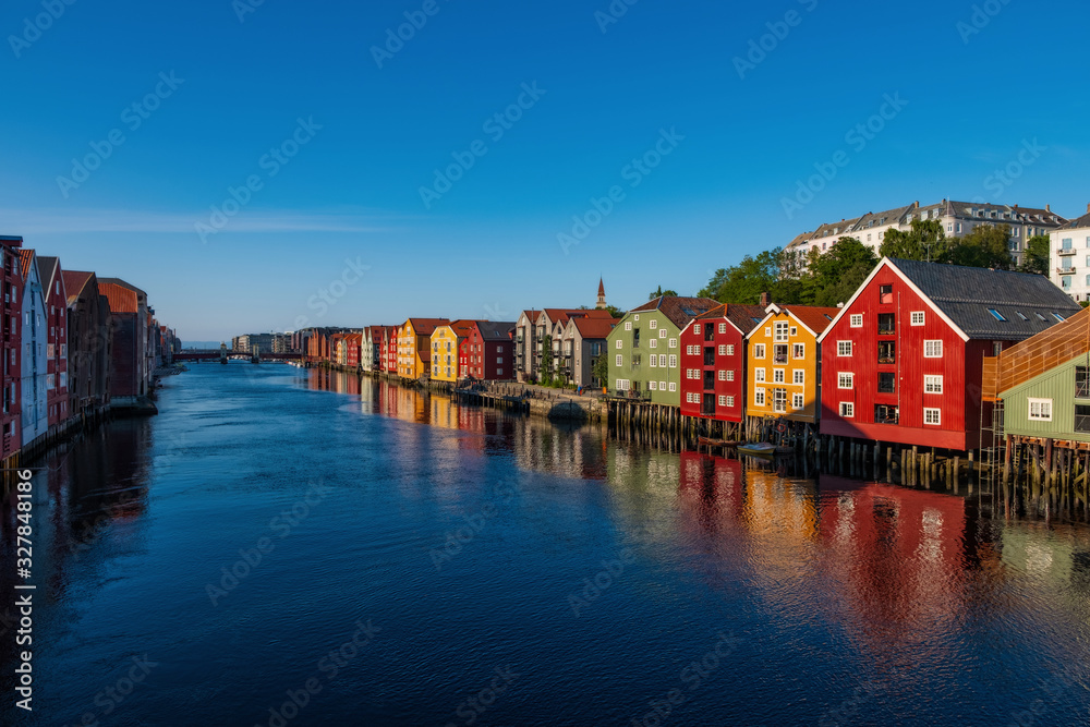 Evening sunset cityscape of Trondheim, Norway - architecture background in july 2019