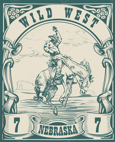 vector image of a cowboy on a horse in the form of a postage stamp with the inscription Nebraska