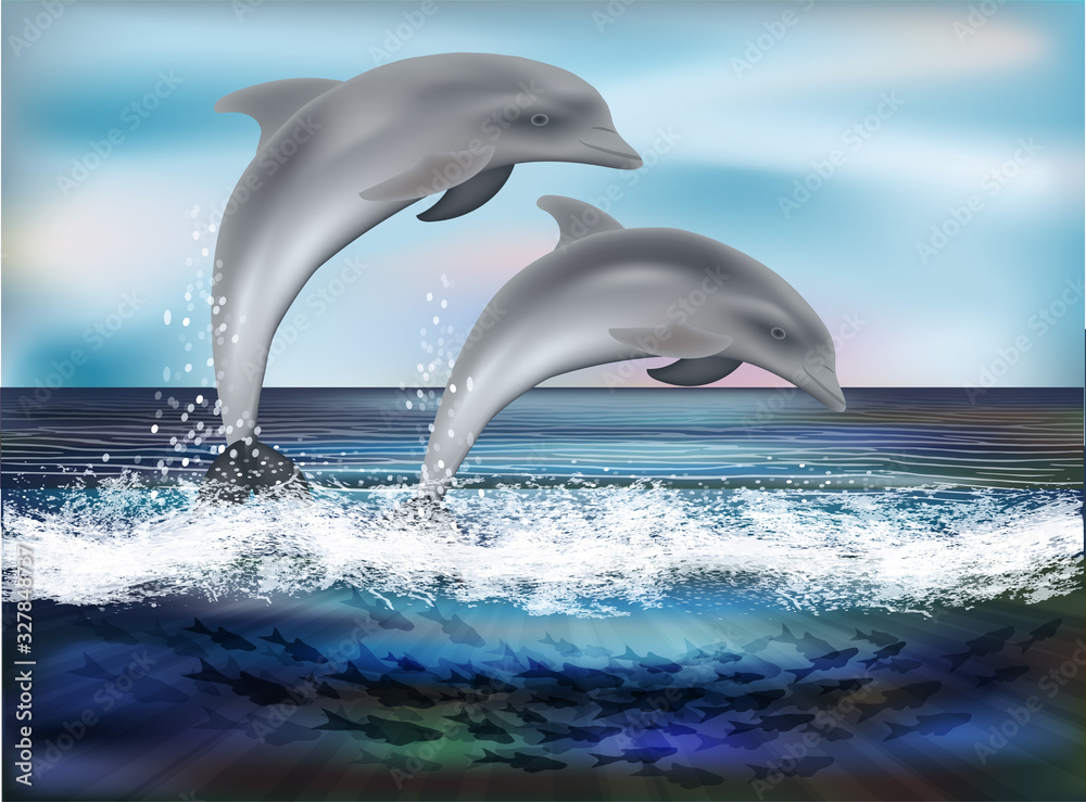 Underwater nature wallpaper with two dolphins, vector illustration ...