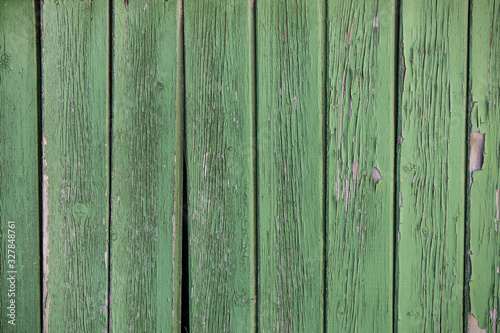 Surface of painted shabby wood. Green old wooden boards texture background © Olha