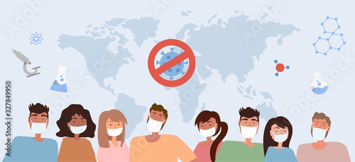 People of different nationalities in white medical face mask. Concept of coronavirus COVID-19 quarantine, Travel Alert. Editable vector illustration. 