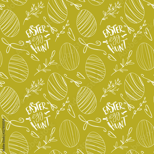 Easter striped eggs outline doodle seamless pattern cute digital art on a green background. Print for banners, posters, cards, web, invitation, wrapping paper and boxes.