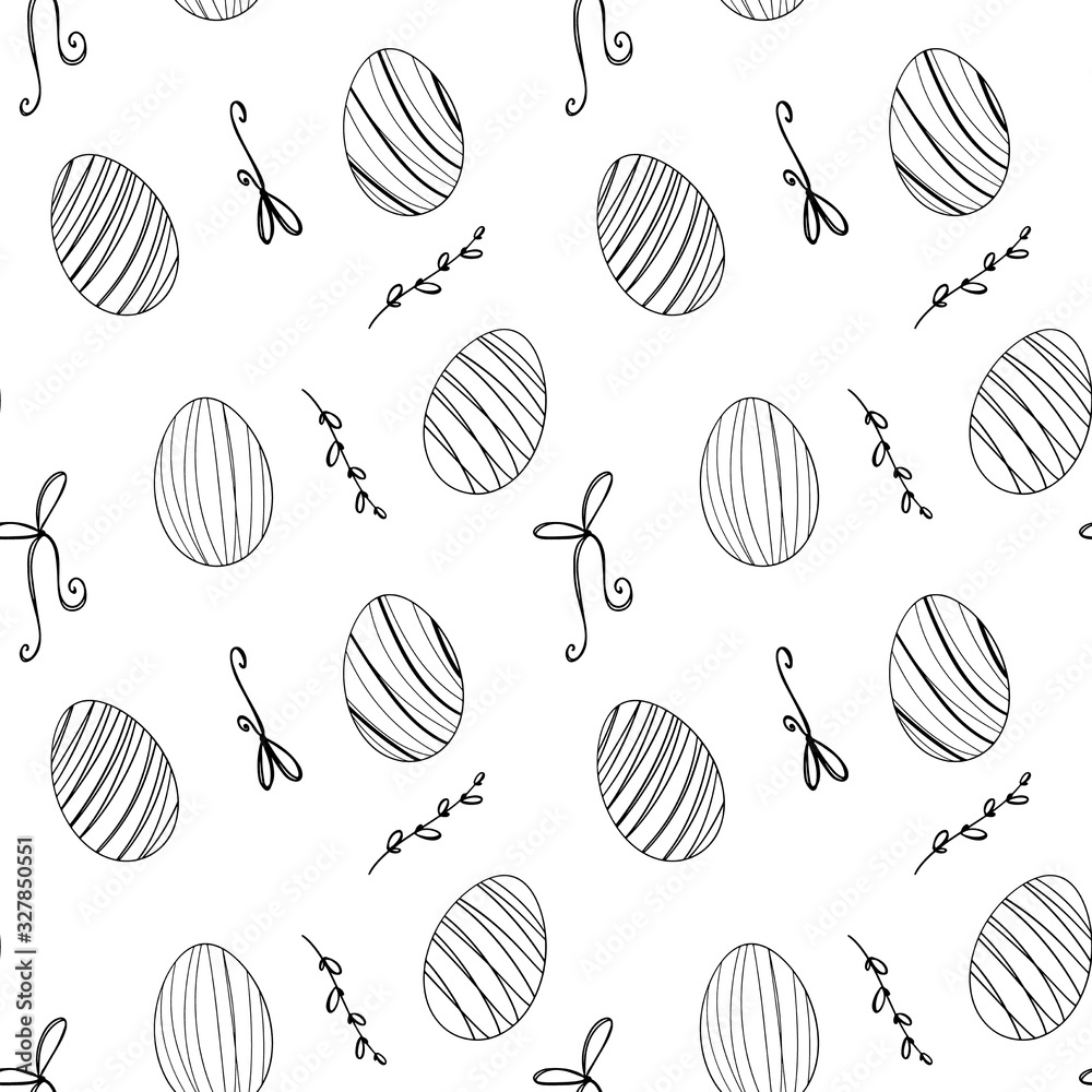 Easter striped eggs outline doodle seamless pattern cute digital art on a white background. Print for banners, posters, cards, web, invitation, wrapping paper and boxes.