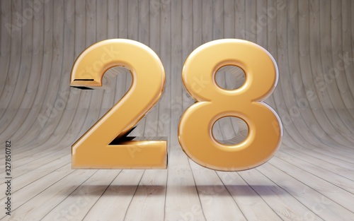 Golden number 28 on wooden floor.