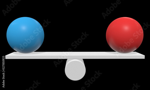 Simple seesaw scales weighing two abstract spheres. Balance, comparison and equality concept. 3d render on black background.