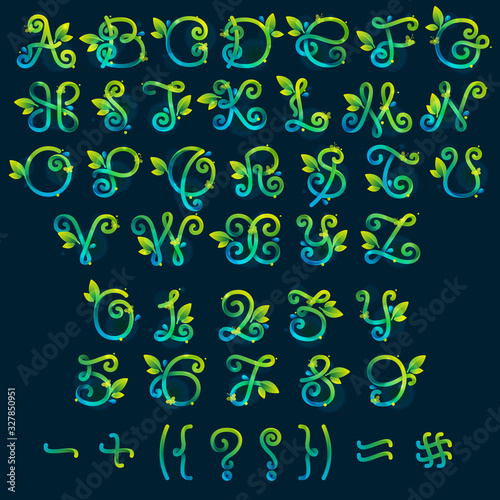 Alphabet and numbers and symbols set with green curved lines, leaves and dew drops.
