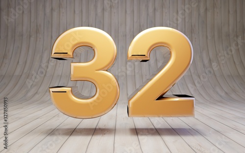 Golden number 32 on wooden floor.