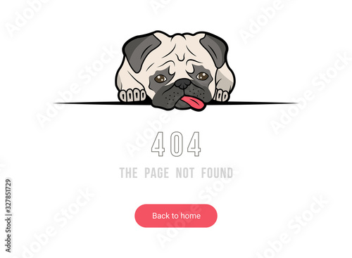 Vector funny template of error 404 with a pug on a white background. Cute and sad dog for an interesting cover in a site.