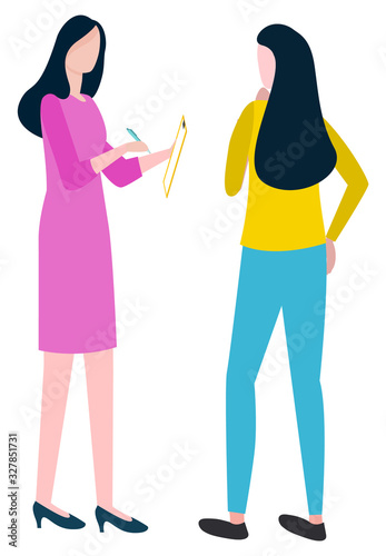 Business development, businesswomen cooperation and teamwork, management vector. Woman with notepad, isolated characters, office workers, entrepreneurs