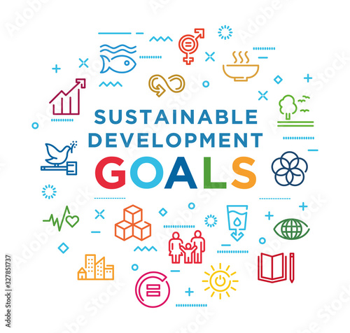 Corporate social responsibility word banner. Sustainable Development Goals. SDG signs. Infographics with linear icons on background. Creative idea concept. Isolated outline color illustration