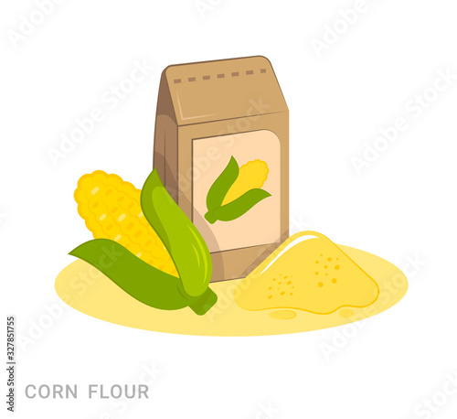 Vector illustration of corn and bag with flour. Food additive on a white background.