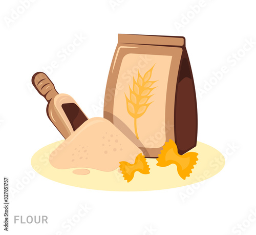 Vector illustration of bag with flour and pasta. Food additive on a white background.