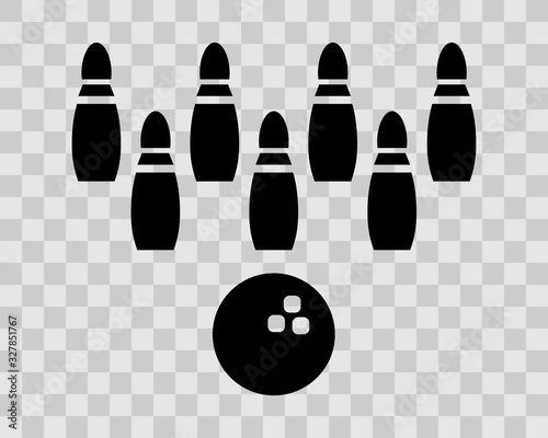 Bowling game.Set of black skittles and three balls on the background.Flat Vector Illustration