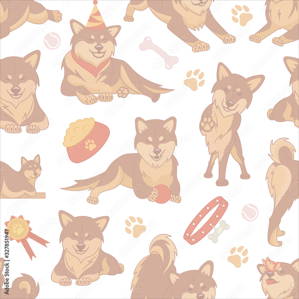 Vector seamless pattern with different cute Shiba inu emoticons. Pastel ornament with funny dogs.
