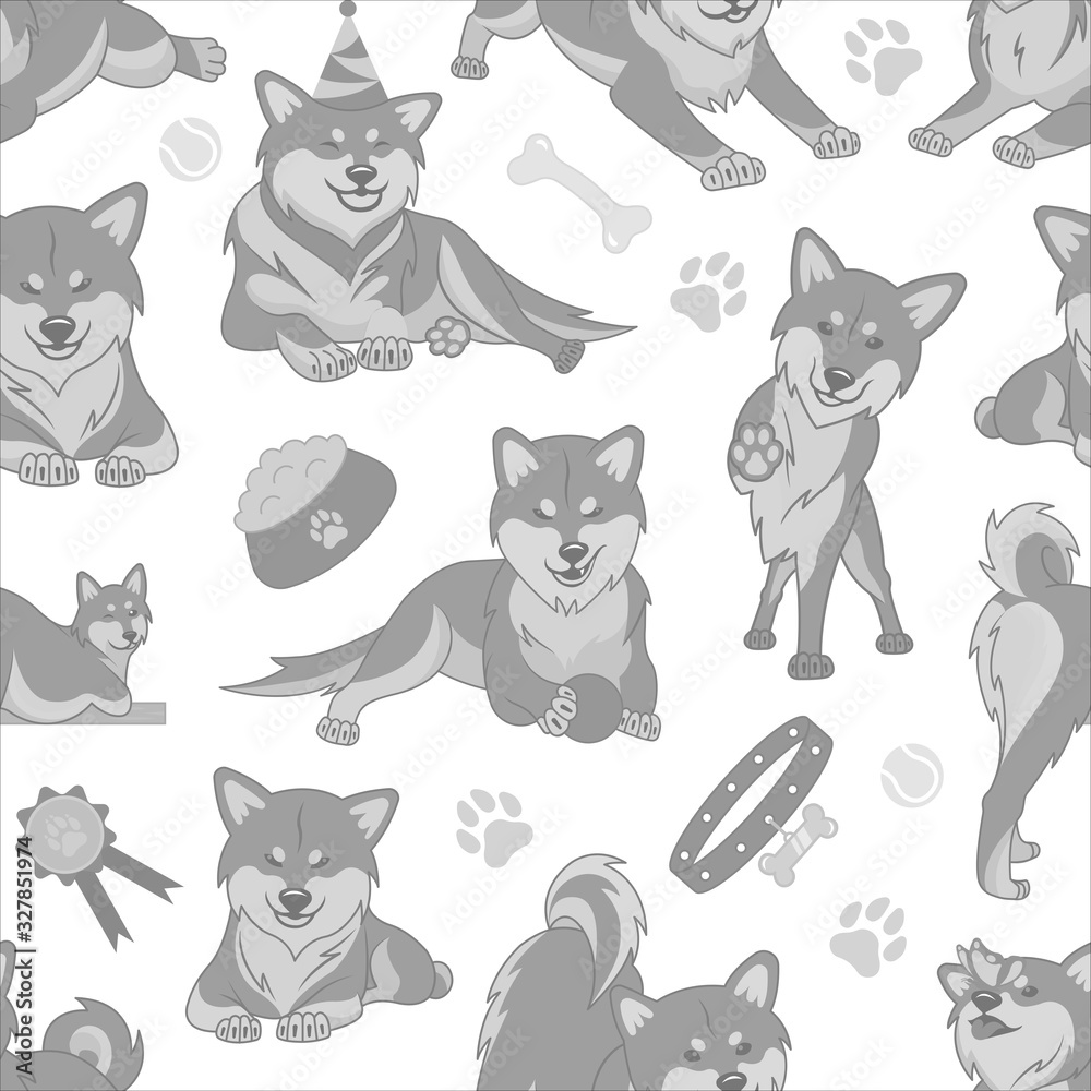Vector seamless pattern with different cute Shiba inu emoticons. Pastel ornament with funny dogs.