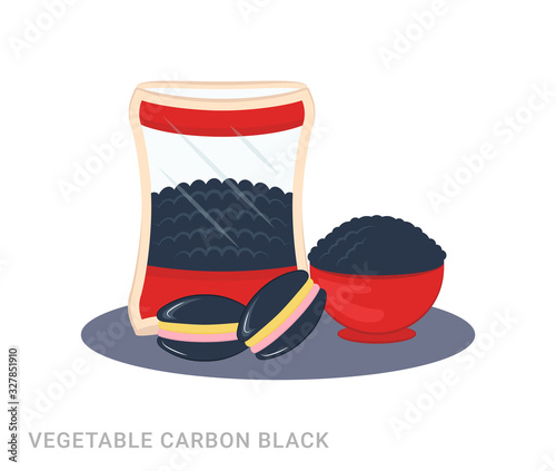 Vector illustration of a bowl and pack with vegetable carbon black. Food additive on a white background.