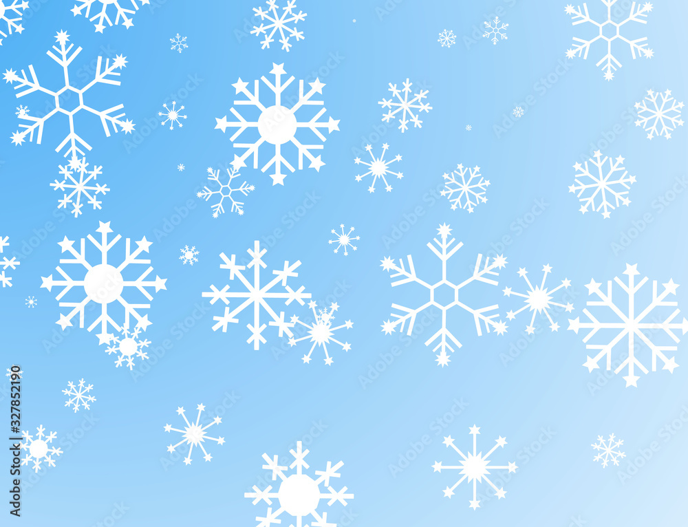 Randomly flying flat white snowflakes on a blue sky background.Vector illustration