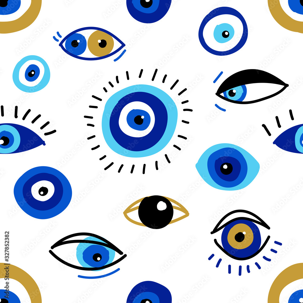 Seamless pattern with evil eyes, different talismans in hand drawn flat ...