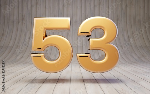 Golden number 53 on wooden floor.