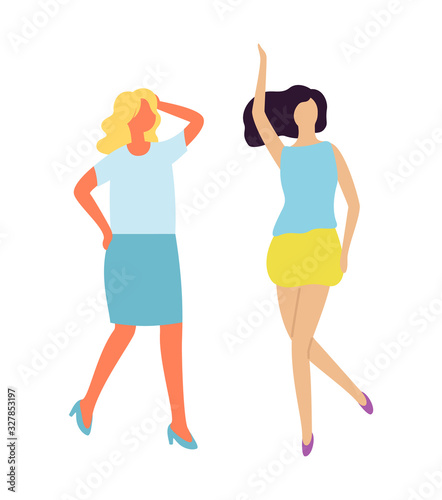 Happy women dancing at hen-party isolated cartoon characters. Vector blond and brunette sexy girls in dance, hangout of cute business ladies, flat style