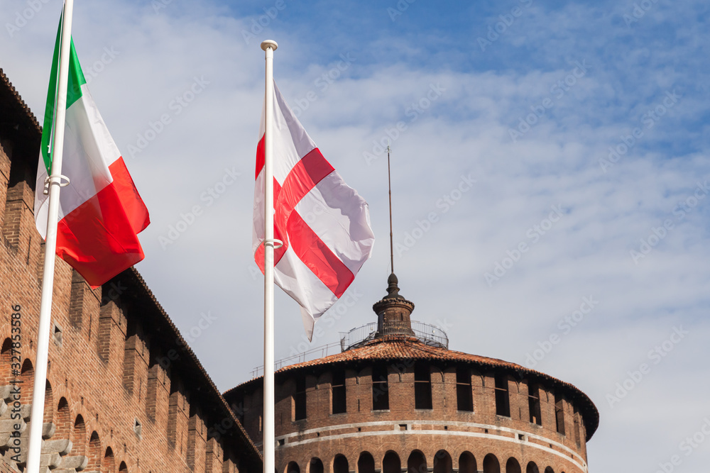 Flags of Milan and Italy with the Sforza Castle