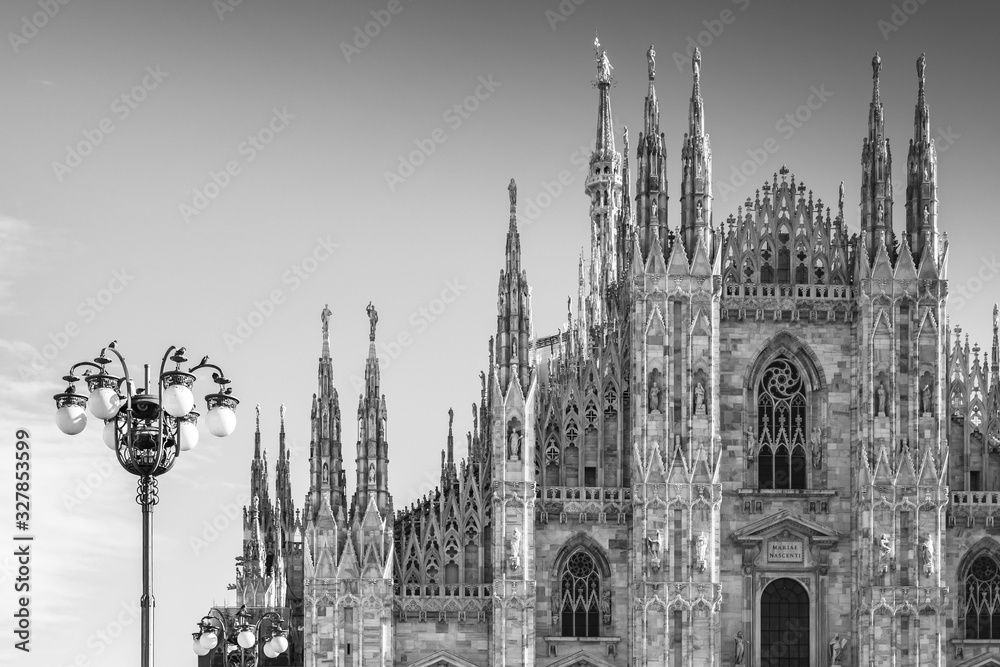 Milan Cathedral. Lombardy, Italy. Black and white