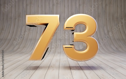 Golden number 73 on wooden floor.
